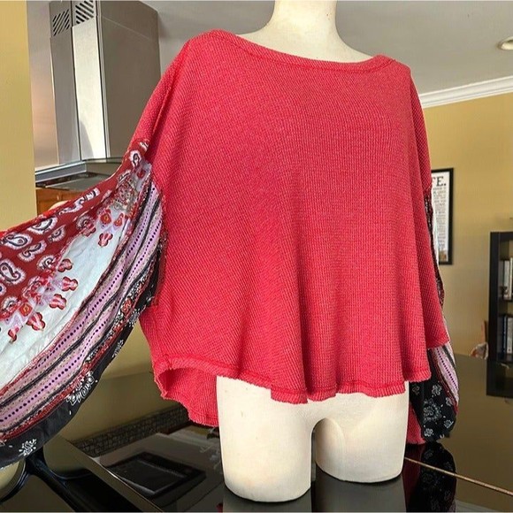 We The Free Waffle Knit Mixed Media Oversized Thermal Drapey Paisley Sleeve Top - Picture 5 of 12